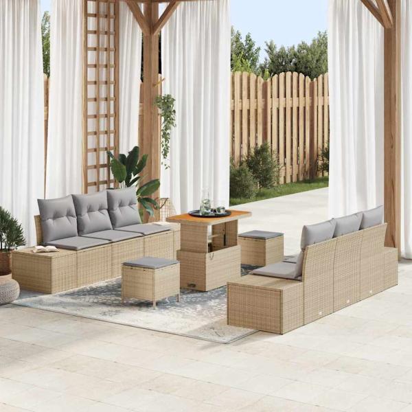 ARDEBO.de - 9-teiliges Garten Sofa Set mit Kissen Beige Poly-Rattan Akazie, 2-Sitzer Garten Sofa mit Kissen Beige Poly-Rattan, 3-teiliges Garten Essset mit Kissen Beige Poly-Rattan Akazie