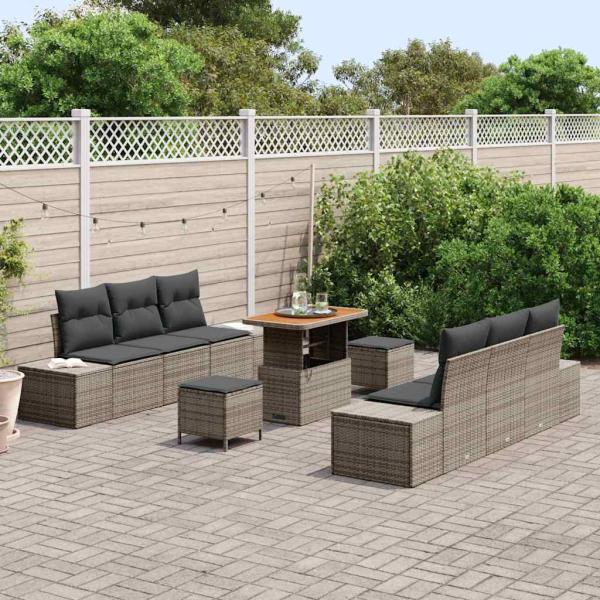 9-teilige Garten-Sofa-Garnitur mit Kissen Grau Poly Rattan Akazie, 2-Sitzer Garten-Sofa mit Kissen Grau Poly Rattan, 3-teilige Garten-Essgruppe mit Kissen Grau Poly Rattan Akazie