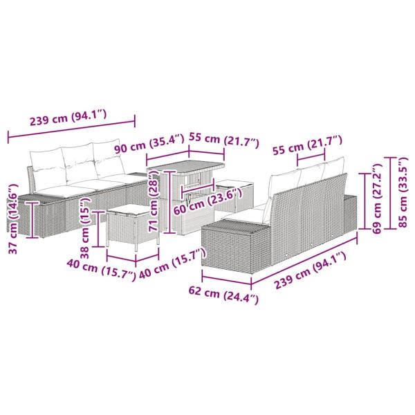 9-teilige Garten-Sofa-Garnitur mit Kissen Grau Poly Rattan Akazie, 2-Sitzer Garten-Sofa mit Kissen Grau Poly Rattan, 3-teilige Garten-Essgruppe mit Kissen Grau Poly Rattan Akazie