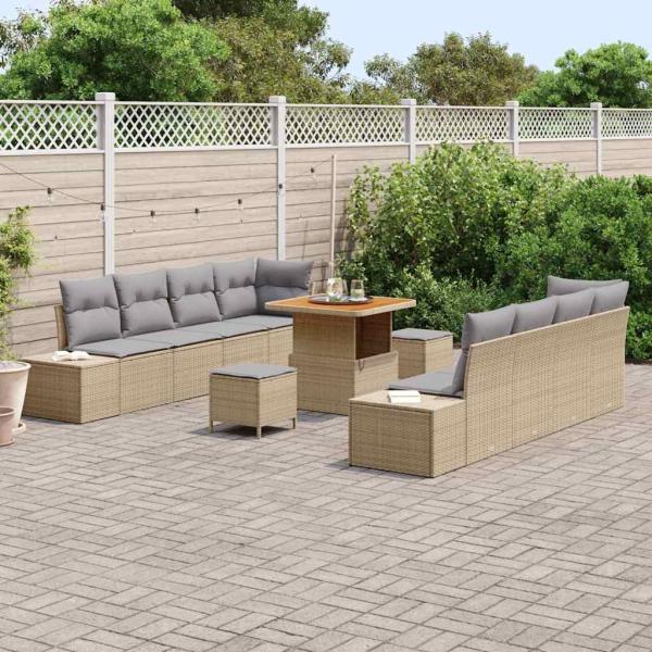 11-teiliges Garten-Sofa-Set mit Kissen Beige Poly-Rattan Akazie, 2-Sitzer Garten-Sofa mit Kissen Beige Poly-Rattan, 3-teiliges Garten-Esszimmer-Set mit Kissen Beige Poly-Rattan Akazie