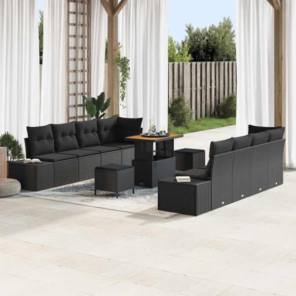 ARDEBO.de - 11-teiliges Garten-Sofaset mit Kissen Schwarz Poly Rattan Akazie, 2-Sitzer Garten-Sofa mit Kissen Schwarz Poly Rattan, 3-teiliges Garten-Essset mit Kissen Schwarz Poly Rattan Akazie