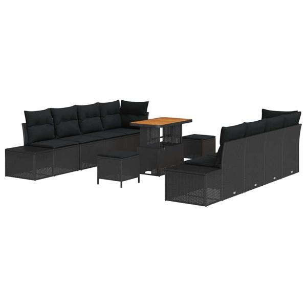 11-teiliges Garten-Sofaset mit Kissen Schwarz Poly Rattan Akazie, 2-Sitzer Garten-Sofa mit Kissen Schwarz Poly Rattan, 3-teiliges Garten-Essset mit Kissen Schwarz Poly Rattan Akazie