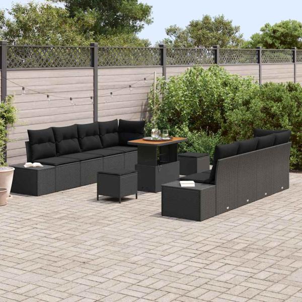 11-teiliges Garten-Sofaset mit Kissen Schwarz Poly Rattan Akazie, 2-Sitzer Garten-Sofa mit Kissen Schwarz Poly Rattan, 3-teiliges Garten-Essset mit Kissen Schwarz Poly Rattan Akazie