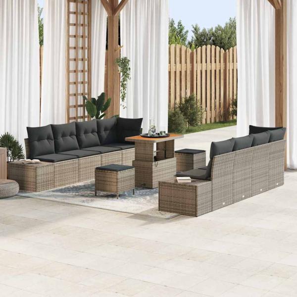 ARDEBO.de - 11-teiliges Garten Sofa Set mit Kissen Grau Poly Rattan Akazie, 2-Sitzer Garten Sofa mit Kissen Grau Poly Rattan, 3-teiliges Garten Ess-Set mit Kissen Grau Poly Rattan Akazie