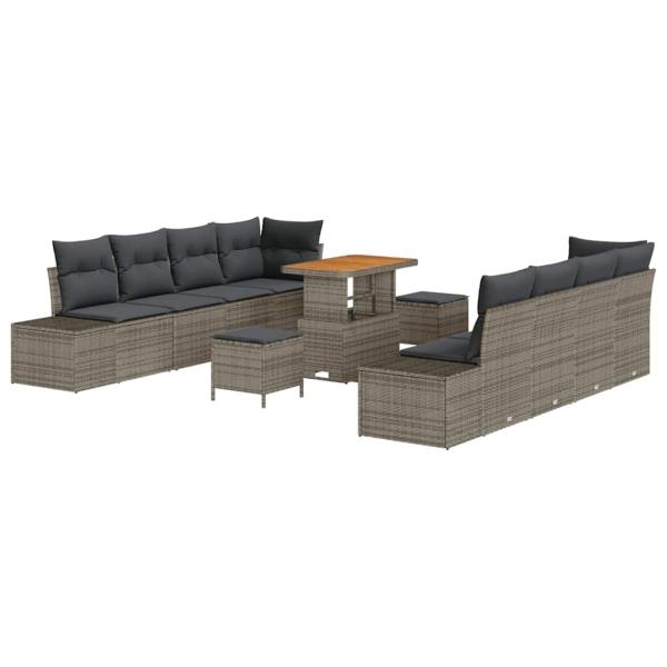 11-teiliges Garten Sofa Set mit Kissen Grau Poly Rattan Akazie, 2-Sitzer Garten Sofa mit Kissen Grau Poly Rattan, 3-teiliges Garten Ess-Set mit Kissen Grau Poly Rattan Akazie