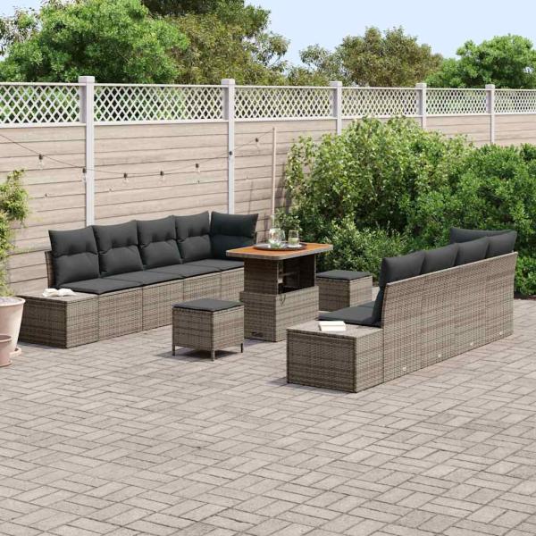 11-teiliges Garten Sofa Set mit Kissen Grau Poly Rattan Akazie, 2-Sitzer Garten Sofa mit Kissen Grau Poly Rattan, 3-teiliges Garten Ess-Set mit Kissen Grau Poly Rattan Akazie