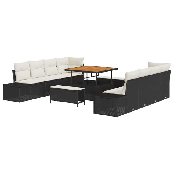 11-teiliges Garten Sofa Set mit Kissen Schwarz Poly-Rattan Akazie, 2-Sitzer Garten Sofa mit Kissen Schwarz Poly-Rattan, 3-teilige Garten Essgruppe mit Kissen Schwarz Poly-Rattan Akazie