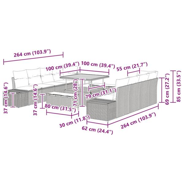 11-teiliges Garten Sofa Set mit Kissen Schwarz Poly-Rattan Akazie, 2-Sitzer Garten Sofa mit Kissen Schwarz Poly-Rattan, 3-teilige Garten Essgruppe mit Kissen Schwarz Poly-Rattan Akazie