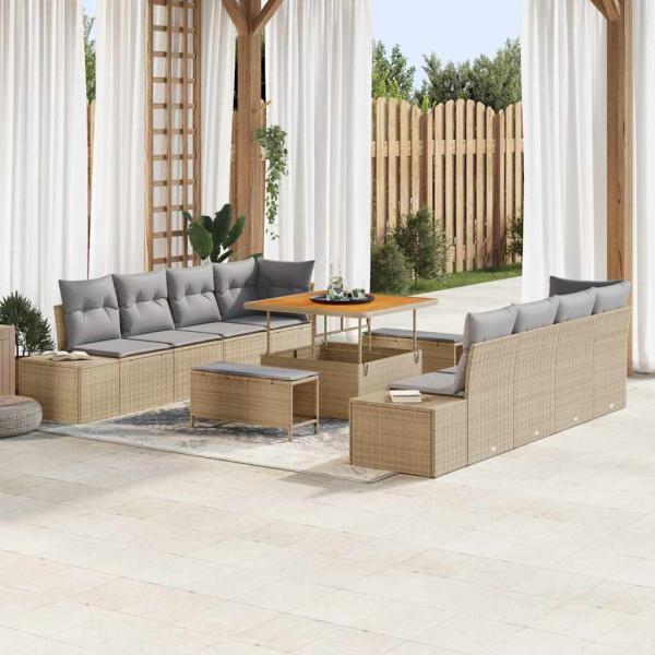 ARDEBO.de - 11-teiliges Garten-Sofa-Set mit Kissen Beige Poly Rattan Akazie, 2-Sitzer Garten-Sofa mit Kissen Beige Poly Rattan, 3-teiliges Garten-Dining-Set mit Kissen Beige Poly Rattan Akazie