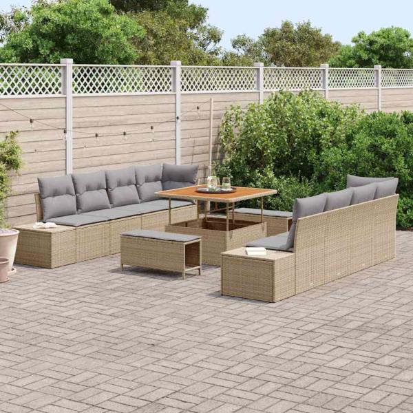 11-teiliges Garten-Sofa-Set mit Kissen Beige Poly Rattan Akazie, 2-Sitzer Garten-Sofa mit Kissen Beige Poly Rattan, 3-teiliges Garten-Dining-Set mit Kissen Beige Poly Rattan Akazie
