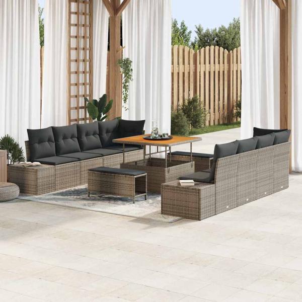 ARDEBO.de - 11-teiliges Garten Sofa Set mit Kissen Grau Poly Rattan Akazie, 2-Sitzer Garten Sofa mit Kissen Grau Poly Rattan, 3-teiliges Garten Ess-Set mit Kissen Grau Poly Rattan Akazie