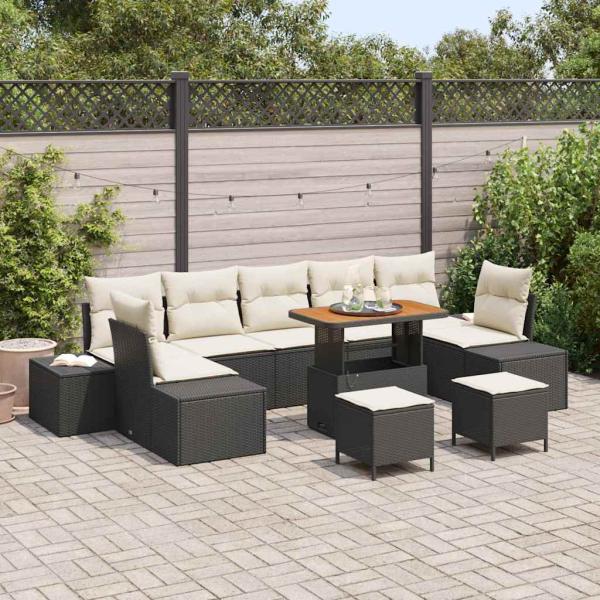 ARDEBO.de - 10-teiliges Garten-Sofa-Set mit Kissen Schwarz Poly-Rattan Akazie, 2-Sitzer Garten-Sofa mit Kissen Schwarz Poly-Rattan, 3-teiliges Garten-Ess-Set mit Kissen Schwarz Poly-Rattan Akazie
