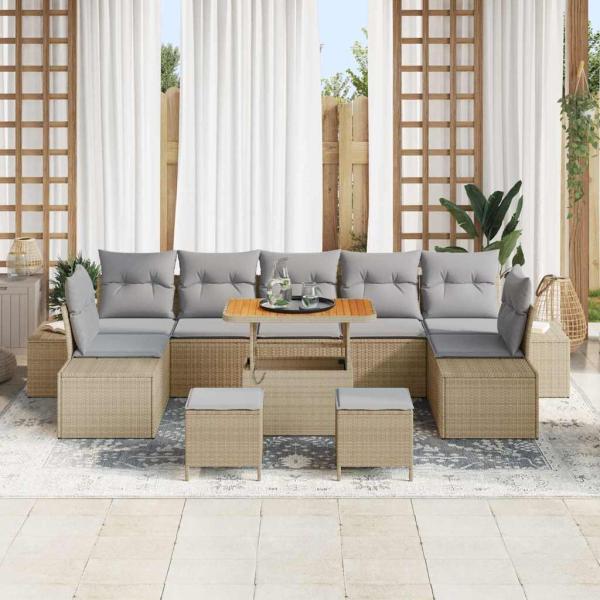 ARDEBO.de - 10-teiliges Garten-Sofa-Set mit Kissen Beige Poly-Rattan Akazie, 2-Sitzer-Garten-Sofa mit Kissen Beige Poly-Rattan, 3-teiliges Garten-Ess-Set mit Kissen Beige Poly-Rattan Akazie