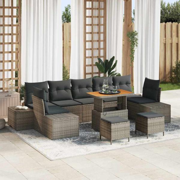 ARDEBO.de - 10-teiliges Garten-Sofa-Set mit Kissen Grau Poly-Rattan Akazie, 2-Sitzer Garten-Sofa mit Kissen Grau Poly-Rattan, 3-teiliges Garten-Dining-Set mit Kissen Grau Poly-Rattan Akazie