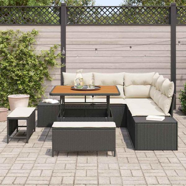 8-teiliges Garten Sofa Set mit Kissen Schwarz Poly Rattan Akazie, 2-Sitzer Garten Sofa mit Kissen Schwarz Poly Rattan, 3-teiliges Garten Essset mit Kissen Schwarz Poly Rattan Akazie