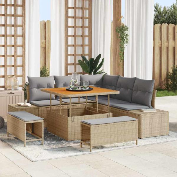 ARDEBO.de - 8-teiliges Garten Sofa Set mit Kissen Beige Poly Rattan, 2-Sitzer Garten Sofa mit Kissen Beige Poly Rattan, 3-teiliges Garten Essset mit Kissen Beige Poly Rattan
