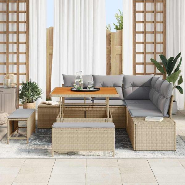 8-teiliges Garten Sofa Set mit Kissen Beige Poly Rattan, 2-Sitzer Garten Sofa mit Kissen Beige Poly Rattan, 3-teiliges Garten Essset mit Kissen Beige Poly Rattan