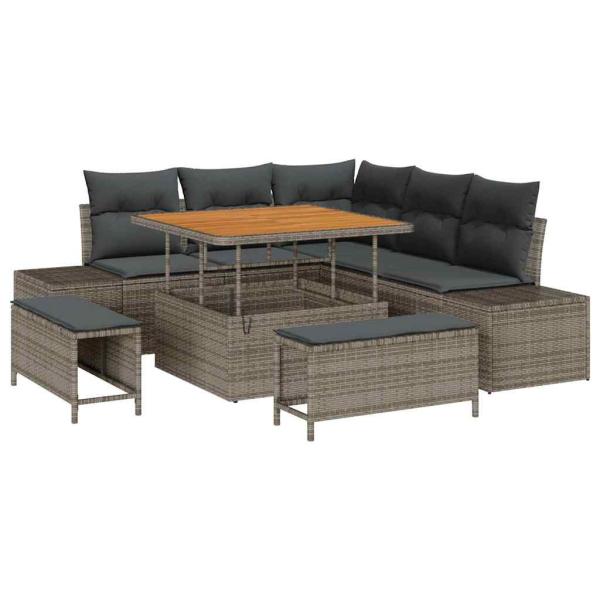 8-teiliges Garten Sofa Set mit Kissen Grau Poly Rattan Akazie, 2-Sitzer Garten Sofa mit Kissen Grau Poly Rattan, 3-teiliges Garten Essset mit Kissen Grau Poly Rattan Akazie
