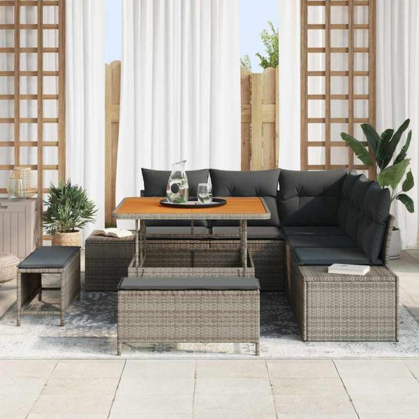8-teiliges Garten Sofa Set mit Kissen Grau Poly Rattan Akazie, 2-Sitzer Garten Sofa mit Kissen Grau Poly Rattan, 3-teiliges Garten Essset mit Kissen Grau Poly Rattan Akazie
