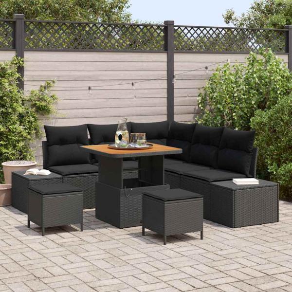 ARDEBO.de - 8-teiliges Garten-Sofa-Set mit Kissen Schwarz Poly Rattan Akazie, 2-Sitzer Garten-Sofa mit Kissen Schwarz Poly Rattan, 3-teiliges Garten-Ess-Set mit Kissen Schwarz Poly Rattan Akazie