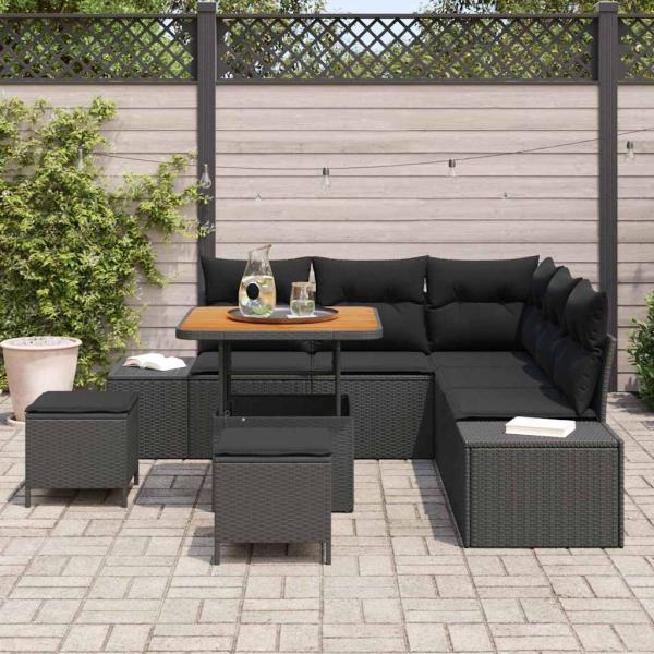 8-teiliges Garten-Sofa-Set mit Kissen Schwarz Poly Rattan Akazie, 2-Sitzer Garten-Sofa mit Kissen Schwarz Poly Rattan, 3-teiliges Garten-Ess-Set mit Kissen Schwarz Poly Rattan Akazie
