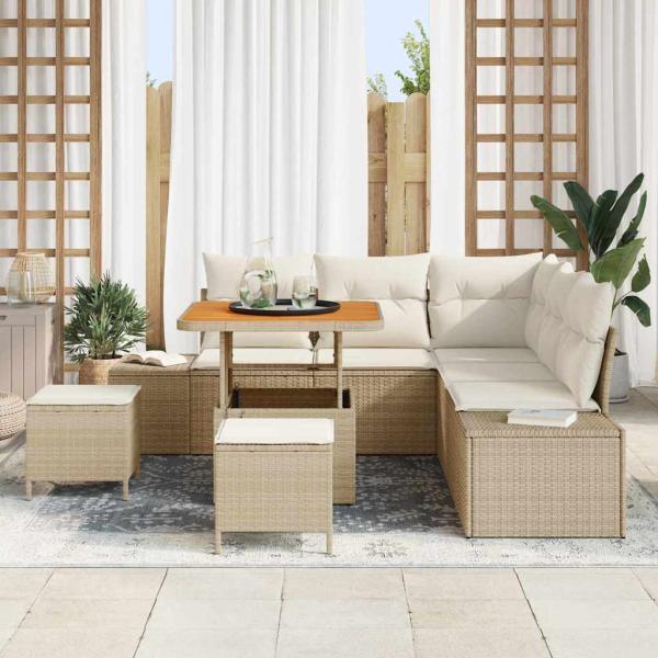 8-teiliges Garten Sofa Set mit Kissen Beige Poly Rattan Akazie, 2-Sitzer Garten Sofa mit Kissen Beige Poly Rattan, 3-teiliges Garten EssSet mit Kissen Beige Poly Rattan Akazie