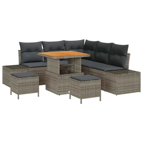 8-teiliges Garten Sofa Set mit Kissen Grau Poly Rattan Akazie, 2-Sitzer Garten Sofa mit Kissen Grau Poly Rattan, 3-teiliges Garten Essset mit Kissen Grau Poly Rattan Akazie