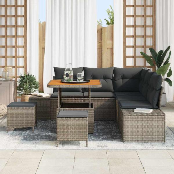 8-teiliges Garten Sofa Set mit Kissen Grau Poly Rattan Akazie, 2-Sitzer Garten Sofa mit Kissen Grau Poly Rattan, 3-teiliges Garten Essset mit Kissen Grau Poly Rattan Akazie