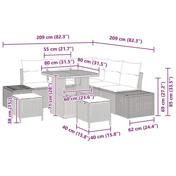 8-teiliges Garten Sofa Set mit Kissen Grau Poly Rattan Akazie, 2-Sitzer Garten Sofa mit Kissen Grau Poly Rattan, 3-teiliges Garten Essset mit Kissen Grau Poly Rattan Akazie