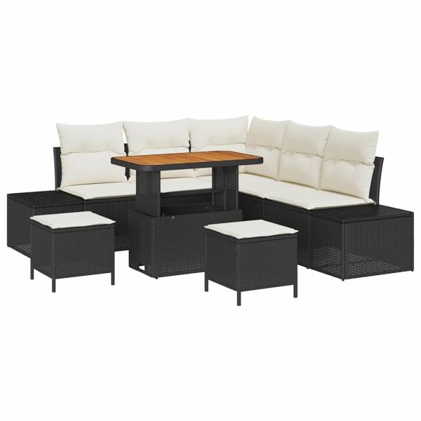 8-teiliges Garten Sofa Set mit Kissen Schwarz Poly Rattan Akazie, 2-Sitzer Garten Sofa mit Kissen Schwarz Poly Rattan, 3-teiliges Garten Essenset mit Kissen Schwarz Poly Rattan Akazie