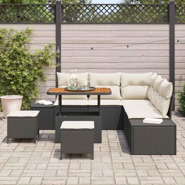 8-teiliges Garten Sofa Set mit Kissen Schwarz Poly Rattan Akazie, 2-Sitzer Garten Sofa mit Kissen Schwarz Poly Rattan, 3-teiliges Garten Essenset mit Kissen Schwarz Poly Rattan Akazie