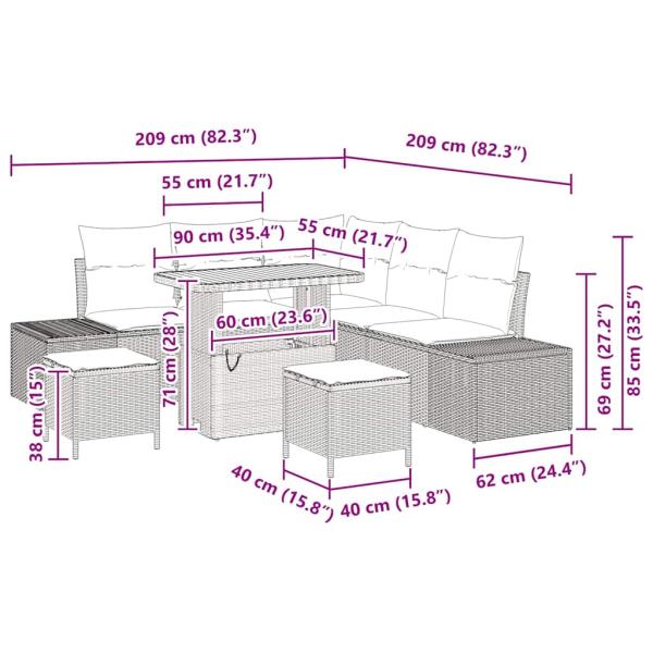 8-teiliges Garten Sofa Set mit Kissen Beige Poly Rattan Akazie, 2-Sitzer Garten Sofa mit Kissen Beige Poly Rattan, 3-teiliges Garten Ess-Set mit Kissen Beige Poly Rattan Akazie