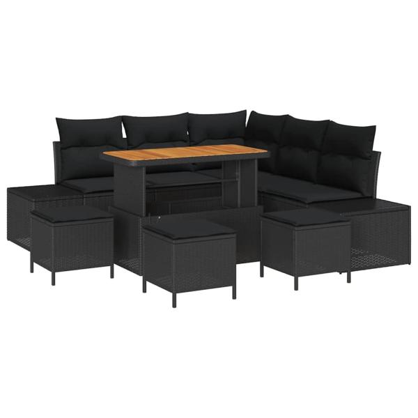 ARDEBO.de - 9-teiliges Garten Sofa Set mit Kissen Schwarz Poly Rattan Akazie, 2-Sitzer Garten Sofa mit Kissen Schwarz Poly Rattan, 4-teiliges Garten Essset mit Kissen Schwarz Poly Rattan Akazie