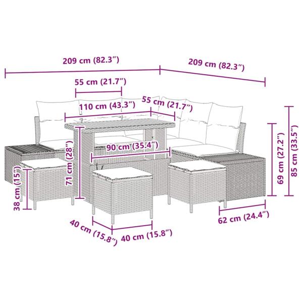 9-teiliges Garten Sofa Set mit Kissen Beige Poly Rattan Akazie, 2-Sitzer Garten Sofa mit Kissen Beige Poly Rattan, 4-teiliges Garten Esszimmer Set mit Kissen Beige Poly Rattan Akazie