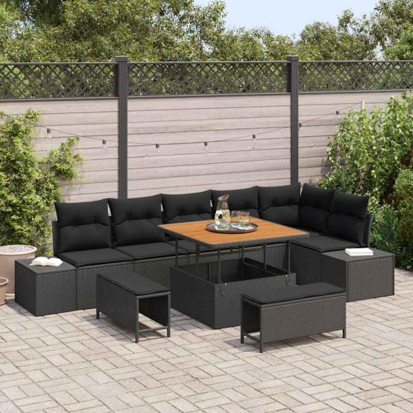 ARDEBO.de - 9-teiliges Garten Sofa Set mit Kissen Schwarz Poly Rattan Akazie, 2-Sitzer Garten Sofa mit Kissen Schwarz Poly Rattan, 3-teiliges Garten Essensemble mit Kissen Schwarz Poly Rattan Akazie