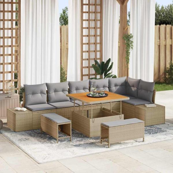 ARDEBO.de - 9-teiliges Garten Sofaset mit Kissen Beige Poly Rattan Akazie, 2-Sitzer Garten Sofa mit Kissen Beige Poly Rattan, 3-teilige Garten Essgruppe mit Kissen Beige Poly Rattan Akazie
