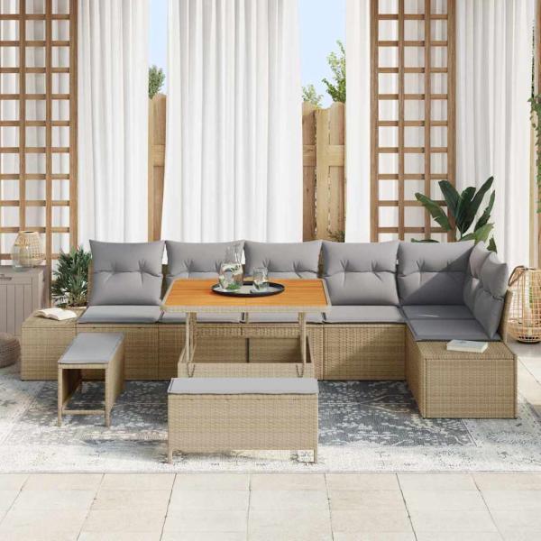 9-teiliges Garten Sofaset mit Kissen Beige Poly Rattan Akazie, 2-Sitzer Garten Sofa mit Kissen Beige Poly Rattan, 3-teilige Garten Essgruppe mit Kissen Beige Poly Rattan Akazie