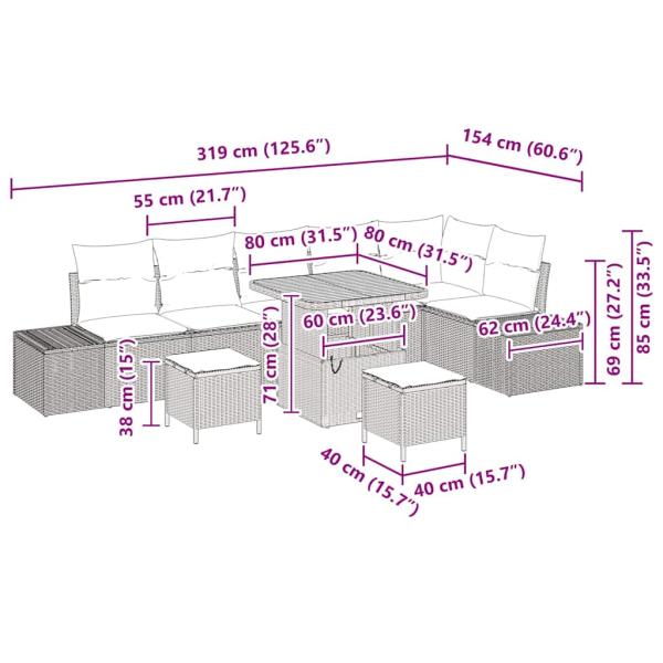 9-teiliges Garten Sofa Set mit Kissen Beige Poly Rattan Akazie, 2-Sitzer Garten Sofa mit Kissen Beige Poly Rattan, 3-teiliges Garten Essset mit Kissen Beige Poly Rattan Akazie
