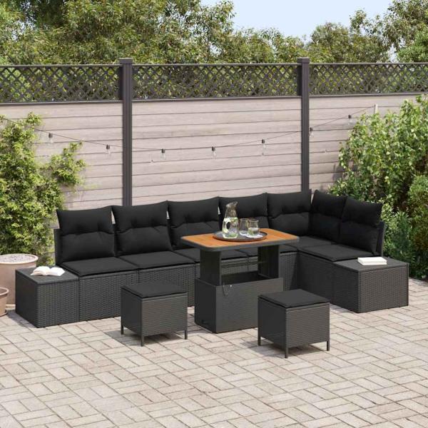 ARDEBO.de - 9-teiliges Garten-Sofa-Set mit Kissen Schwarz Poly-Rattan Akazie, 2-Sitzer Garten-Sofa mit Kissen Schwarz Poly-Rattan, 3-teiliges Garten-Ess-Set mit Kissen Schwarz Poly-Rattan Akazie