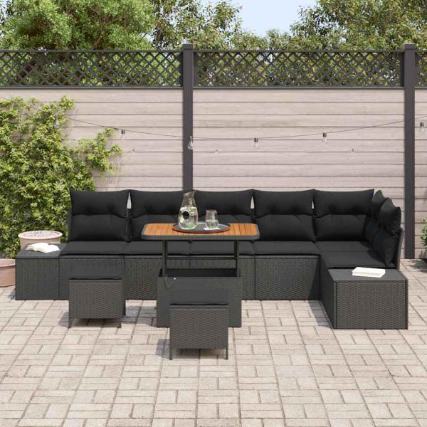 9-teiliges Garten-Sofa-Set mit Kissen Schwarz Poly-Rattan Akazie, 2-Sitzer Garten-Sofa mit Kissen Schwarz Poly-Rattan, 3-teiliges Garten-Ess-Set mit Kissen Schwarz Poly-Rattan Akazie