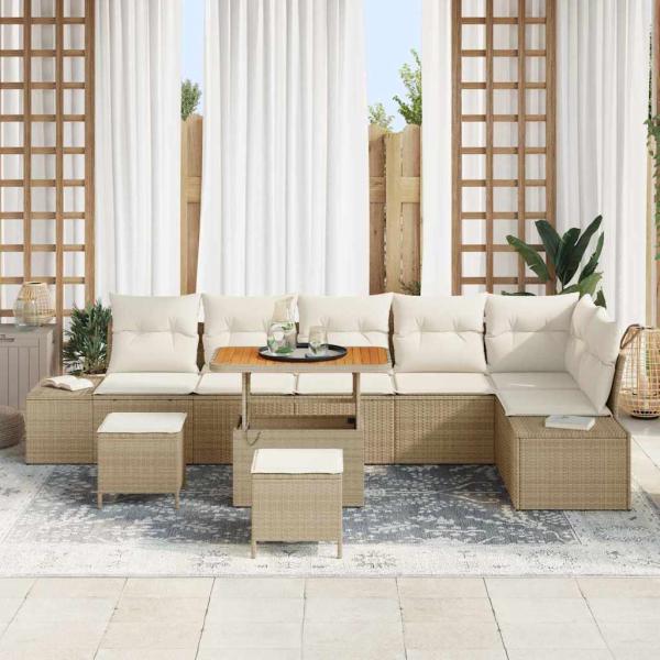 9-teiliges Garten Sofa Set mit Kissen Beige Poly Rattan Akazie, 2-Sitzer Garten Sofa mit Kissen Beige Poly Rattan, 3-teiliges Garten Essset mit Kissen Beige Poly Rattan Akazie