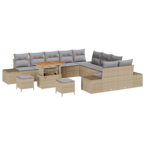 13-teiliges Garten Sofa Set mit Kissen Beige Poly Rattan Akazie, 2-Sitzer Garten Sofa mit Kissen Beige Poly Rattan, 3-teiliges Garten Essset mit Kissen Beige Poly Rattan Akazie