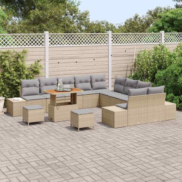 13-teiliges Garten Sofa Set mit Kissen Beige Poly Rattan Akazie, 2-Sitzer Garten Sofa mit Kissen Beige Poly Rattan, 3-teiliges Garten Essset mit Kissen Beige Poly Rattan Akazie