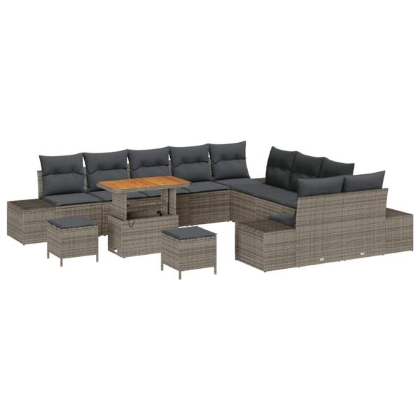 13-teiliges Garten-Sofa-Set mit Kissen Grau Poly-Rattan Akazie, 2-Sitzer Garten-Sofa mit Kissen Grau Poly-Rattan, 3-teiliges Garten-Ess-Set mit Kissen Grau Poly-Rattan Akazie