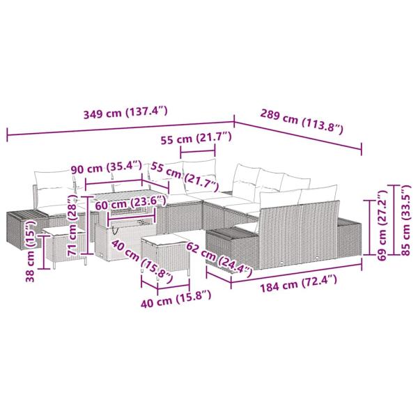 13-teiliges Garten-Sofa-Set mit Kissen Grau Poly-Rattan Akazie, 2-Sitzer Garten-Sofa mit Kissen Grau Poly-Rattan, 3-teiliges Garten-Ess-Set mit Kissen Grau Poly-Rattan Akazie