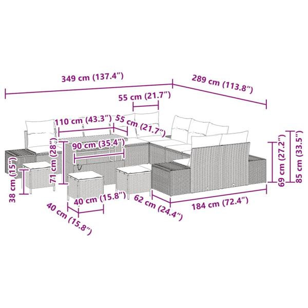 14-teilige Garten Sofa Set mit Kissen Schwarz Poly Rattan Akazie, 2-Sitzer Garten Sofa mit Kissen Schwarz Poly Rattan, 4-teiliges Garten Essset mit Kissen Schwarz Poly Rattan Akazie