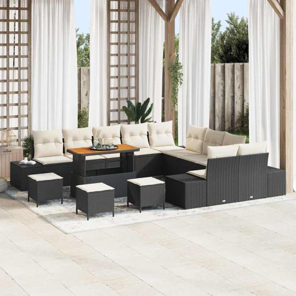ARDEBO.de - 14-teiliges Garten Sofa Set mit Kissen Schwarz Poly Rattan Akazie, 2-Sitzer Garten Sofa mit Kissen Schwarz Poly Rattan, 4-teilige Garten Essgruppe mit Kissen Schwarz Poly Rattan Akazie