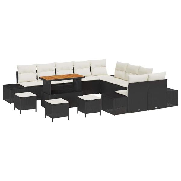 14-teiliges Garten Sofa Set mit Kissen Schwarz Poly Rattan Akazie, 2-Sitzer Garten Sofa mit Kissen Schwarz Poly Rattan, 4-teilige Garten Essgruppe mit Kissen Schwarz Poly Rattan Akazie