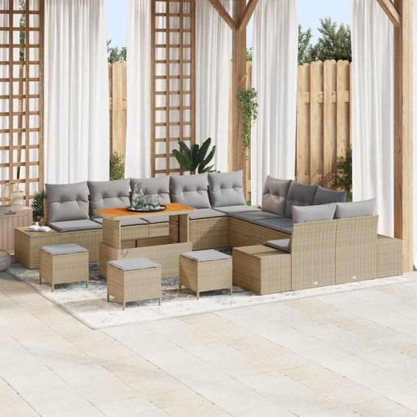 ARDEBO.de - 14-teilige Garten Sofa Set mit Kissen Beige Poly Rattan Akazie, 2-Sitzer Garten Sofa mit Kissen Beige Poly Rattan, 4-teiliges Garten Essset mit Kissen Beige Poly Rattan Akazie
