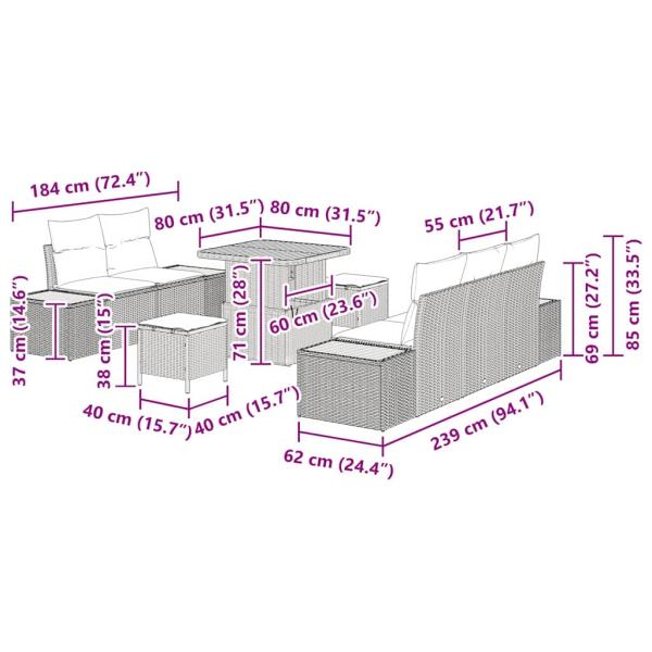 8-teiliges Garten-Sofaset mit Kissen Grau Poly-Rattan Akazie, 3-teiliges Garten-Essset mit Kissen Grau Poly-Rattan Akazie